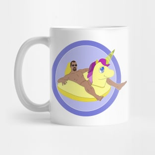 Man lying on inflatable unicorn inflatable buoy Mug